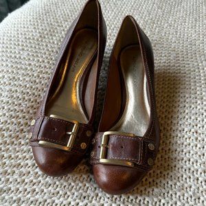 Antonio Melani Brown Leather Kitten Heel Shoes with Gold Buckle